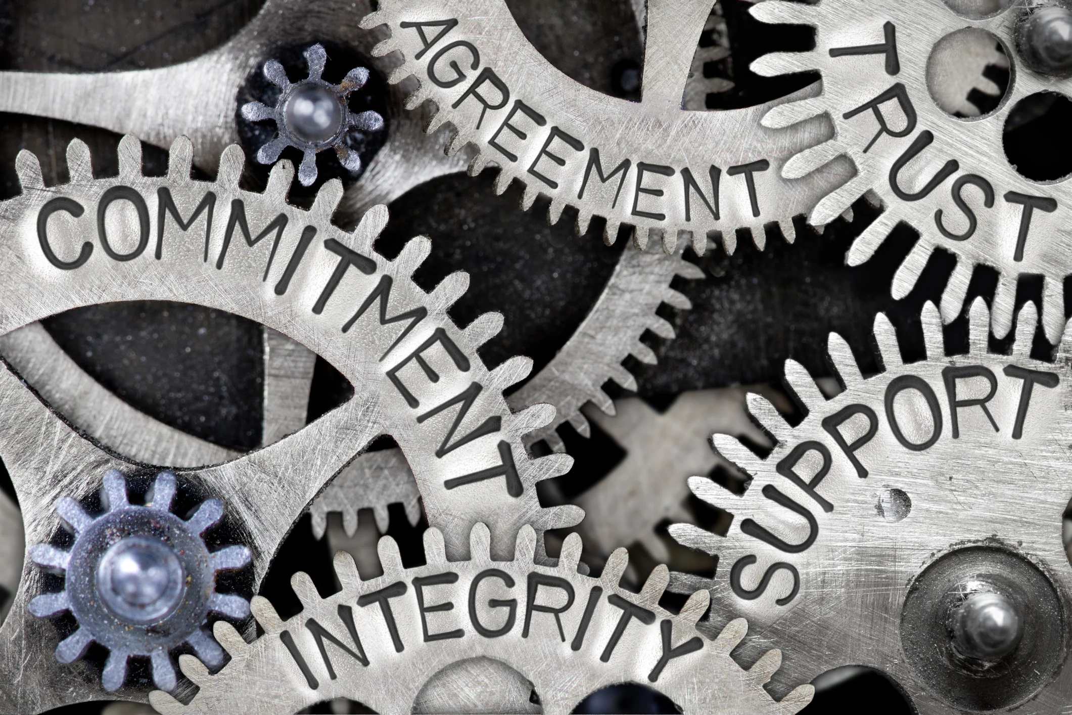Gears mechanism showing the words 'commitment', 'integrity', 'support', 'trust', and 'agreement'